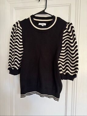THML Black Knit Sweater with Striped Puff Sleeves
